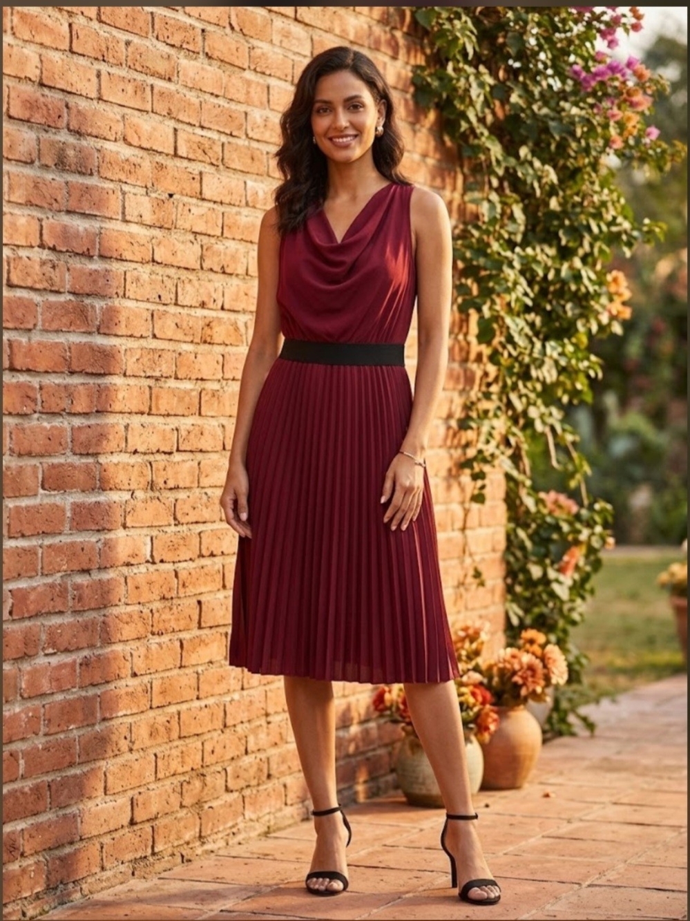 The Limited Burgundy Sleeveless Cowl Pleated Midi Dress with Black Waistband